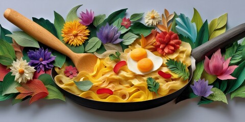 Vibrant frying pan with spaghetti and eggs surrounded by colorful paper flowers and leaves on a light background