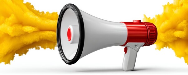 A vibrant paper megaphone icon with red and white colors, surrounded by dynamic yellow splashes, symbolizing communication and announcements