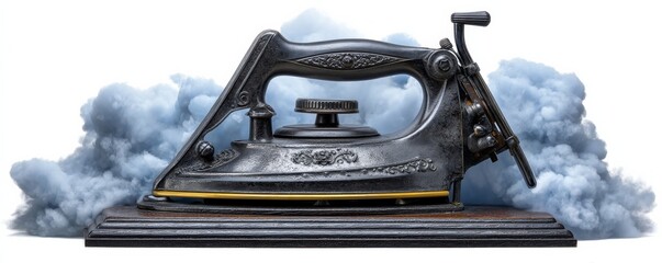 Vintage iron emitting steam with an industrial backdrop of smoke in a vibrant setting