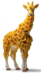 A unique paper giraffe with textured yellow spots, standing gracefully against a clean white background, showcasing creativity and artistic design