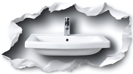A white bathroom sink and faucet emerging from torn paper, creating a striking visual and modern aesthetic