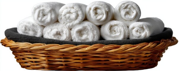 A woven basket filled with neatly rolled white towels, creating a clean and inviting atmosphere perfect for relaxation or hospitality settings