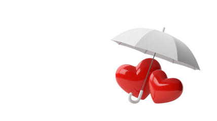 Red hearts under white umbrella in protection mode with soft lighting for valentines day