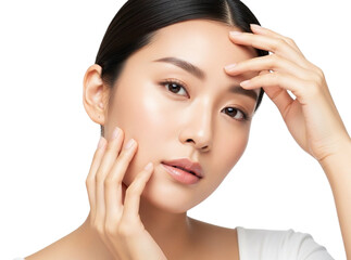 Woman applying skincare product isolated on transparent background