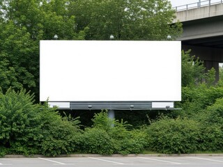 Large blank billboard amidst urban greenery
