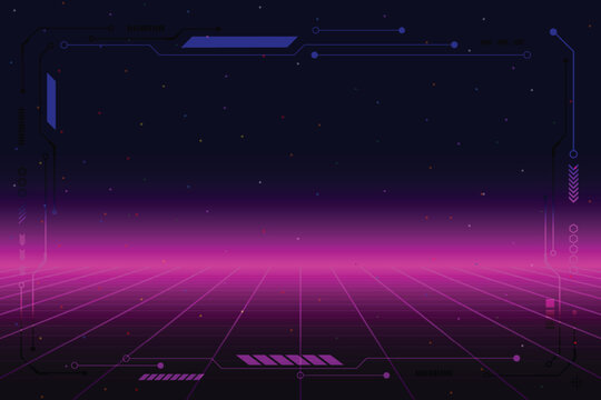 Retro cyberpunk style 80s game scene pixel art 8-bit sci-fi background. glowing neon grid and stars from vintage arcade computer games.