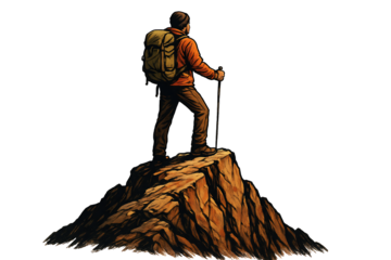 Hiker standing on mountain isolated on transparent background