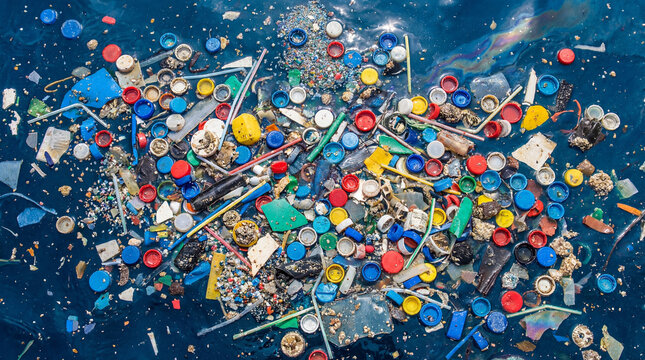 Ocean plastic pollution floating on blue water surface. Garbage patch background with bottle caps and microplastics. Environmental waste concept