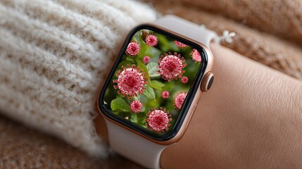 Digital health monitoring displays a microscopic view of viruses on a wrist device.