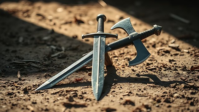 speciation. Medieval sword and axe crossed on a ground, dirt and minimal debris, dramatic side lighting. event programs, museum guides, designed for cultural heritage projects and event programs.