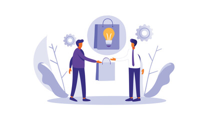 Two businessmen exchanging shopping bags with lightbulb idea