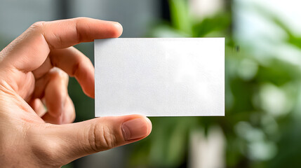 Close up of a hand holding a blank white textured business card mockup ready for custom branding design in a bright natural setting