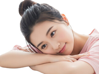 Young woman with hair bun smiling isolated on transparent background