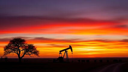 Oil pump jack at sunset landscape.