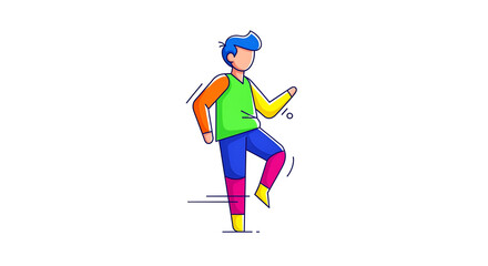 Fototapeta premium A cartoon-style person with colorful clothing is walking, featuring a blue hairstyle and a dynamic pose. The outfit includes bright green, orange, purple, and yellow elements.