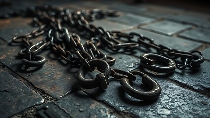 shackles. Rusted iron chains and broken manacles on a stone floor in dim light. public awareness campaigns, NGO reports, designed for public awareness campaigns and NGO communications.