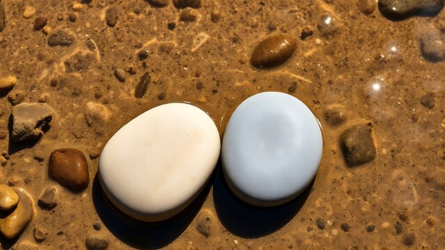spandrel. Two smooth river stones resting on a sandy stream bed, natural textures. travel magazines, destination branding, designed for travel destination branding, used by management consultants.