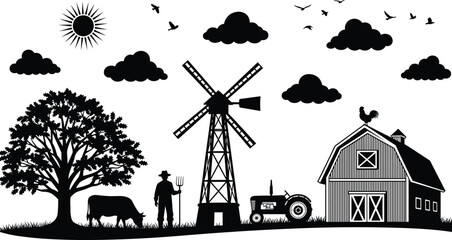 Rural farm landscape illustration, countryside barn windmill tractor cow and farmer, agriculture village scene silhouette, nature field sky birds and clouds © LITON WORLD