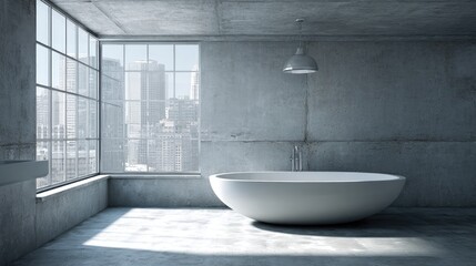 Modern loft bathroom with freestanding tub and city view.