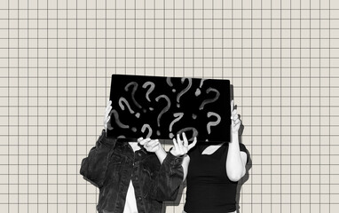 Collage with a two women holding board with question marks against grid background