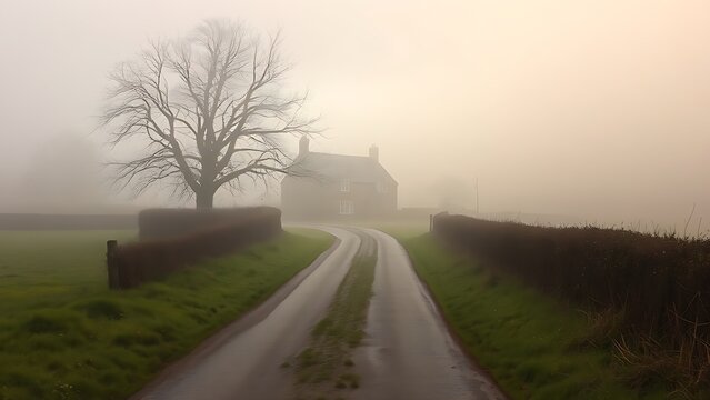enthalpy. Misty country lane leading to a distant stone cottage. lifestyle magazines, social media lookbooks, designed for influencer and brand collaborations, used by SEO specialists.