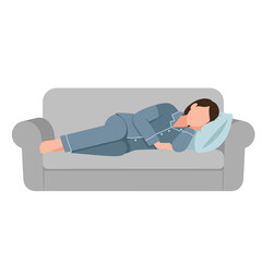 Man in pajamas sleeping soundly on a comfortable sofa.