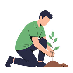 Man planting a small tree in the ground.