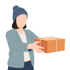 Woman in winter hat holding a gift box.