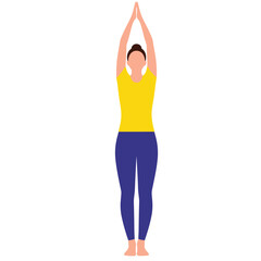 Woman practicing yoga in a standing pose with arms raised overhead.