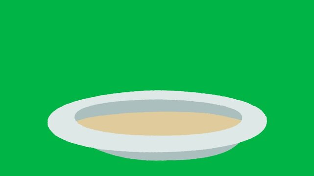 Plate of mashed potatoes with gravy and steam rising on green screen chromakey background. Suited for 2d animated cartoon animation in food, dinner, or Thanksgiving-themed comedic scenes.