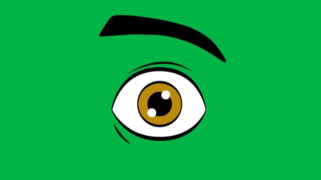 Single large cartoon eye with brown iris staring forward on green screen chromakey background. Ideal for 2d animated cartoon animation in monster, surveillance, or intense gaze effects.