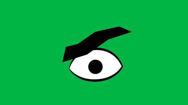 Pair of suspicious cartoon eyes narrowed and looking sideways on green screen chromakey background. Perfect for 2d animated cartoon animation in sneaky, doubtful, or villain expressions.
