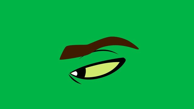 Single glowing yellow cartoon eye with slit pupil on green screen chromakey background. Great for 2d animated cartoon animation of evil creature, dragon, or menacing monster looks.