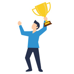 Man celebrating victory holding golden trophy award.