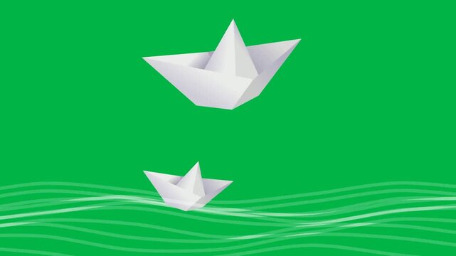 White paper boat floating gently on calm water waves on green screen chromakey background. Suited for 2d animated cartoon animation in journey, dream, or childhood adventure stories.