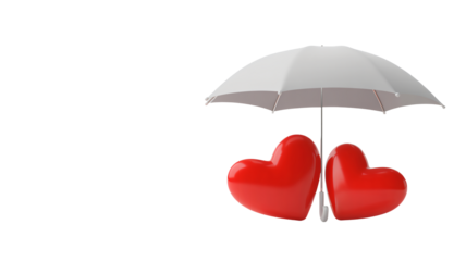 Two red hearts under white umbrella in soft romantic lighting on white background for valentines day