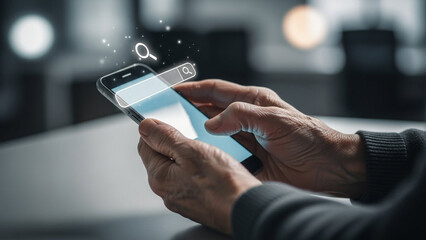 Older Person's Hands Holding Smartphone with Illuminated Search Bar Icons, Representing Digital Accessibility and Information Search
