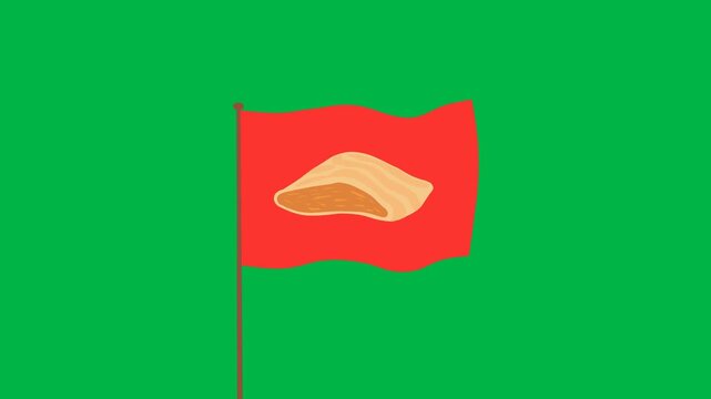 Red flag waving on pole with fish emblem on green screen chromakey background. Perfect for 2d animated cartoon animation in warning, signal, or sports victory scenes.