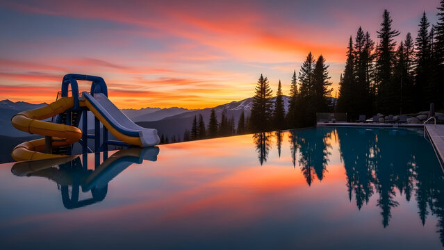 A serene pool scene with a water slide at sunset surrounded by mountains and trees