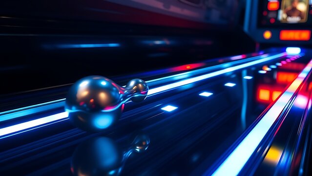pinball. A silver pinball rolling on a glowing track and impacting a shiny bumper. event key visuals, club posters, designed for sports event promotions and stadium branding.