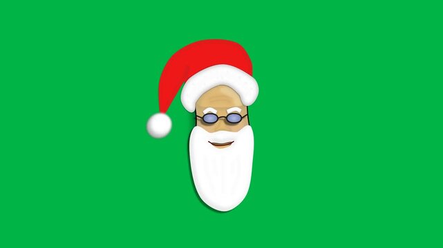 Festive 2d animated cartoon animation of Santa Claus face with hat and beard smiling on green screen chromakey background. Great for Christmas greetings, holiday videos, or seasonal promotions.