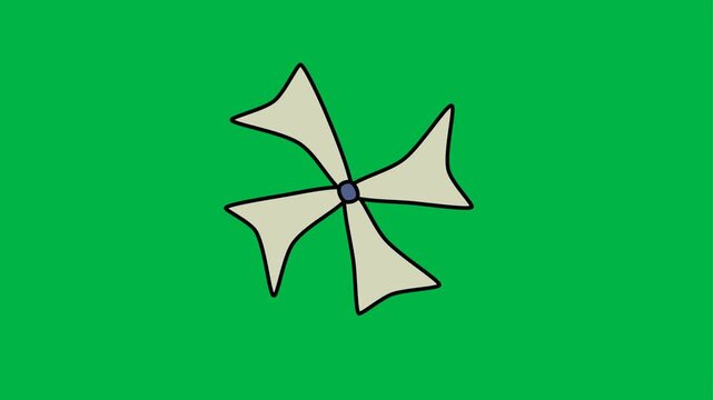 Fun 2d animated cartoon animation of a white pinwheel spinning rapidly on green screen chromakey background. Great for wind, play, toy, or energy concepts in kids videos or playful overlays.