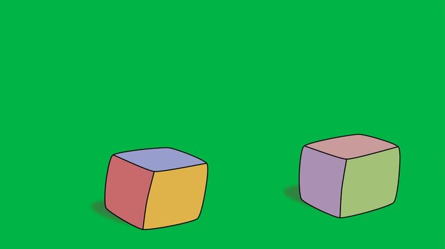 Creative 2d animated cartoon animation of colorful cubes falling and stacking on green screen chromakey background. Ideal for building, construction, play, or abstract motion graphics in projects.