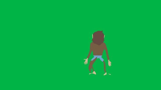 Playful 2d animated cartoon animation of a caveman running with club on green screen chromakey background. Great for prehistoric, history, or comedy chase scenes in animations. Seamless looping.