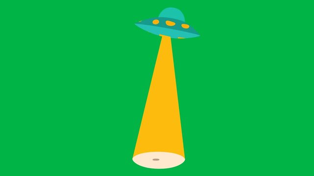 Sci-fi 2d animated cartoon animation of a UFO beaming yellow light down on green screen chromakey background. Perfect for alien, abduction, or space invasion effects. Seamless loop compositing.