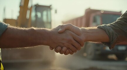 Construction Workers Shaking Hands on Building Site Agreement