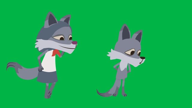 Playful 2d animated cartoon animation of two wolves facing each other on green screen chromakey background. Great for animal duo, conversation, or fairy tale wolf pack effects. Seamless loop.