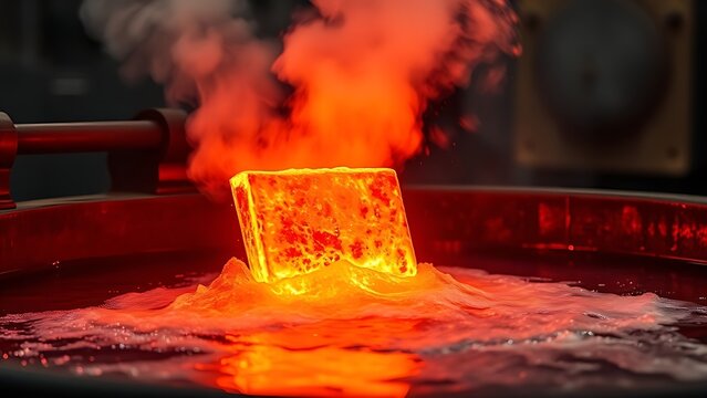 conductance. Red-hot steel being quenched in water, creating dramatic clouds of steam. safety posters, maintenance manuals, designed for industrial assembly lines and welding operations.