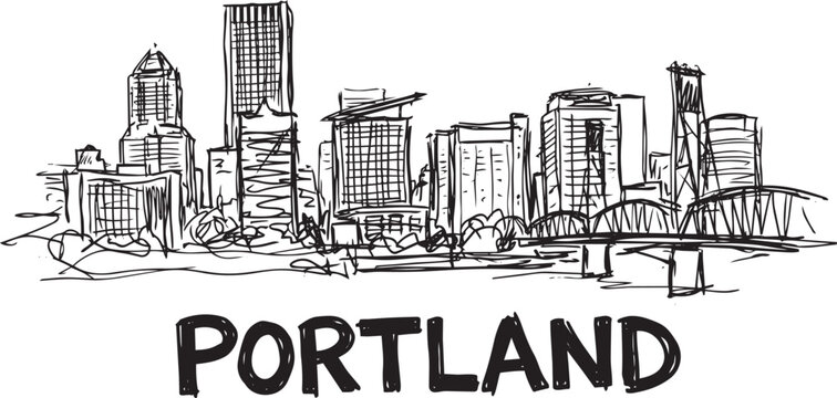 Rough ink sketch Portland skyline vector drawing with handwritten text and city landmarks style
