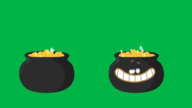 Spooky 2d animated cartoon animation of two angry cauldrons with gold coins on green screen chromakey background. Perfect for treasure, witch, or Halloween themes. Seamless loop element.